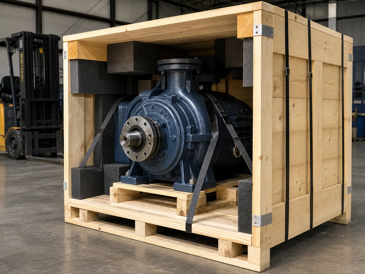 Embalaje de madera protegiendo un equipo industrial