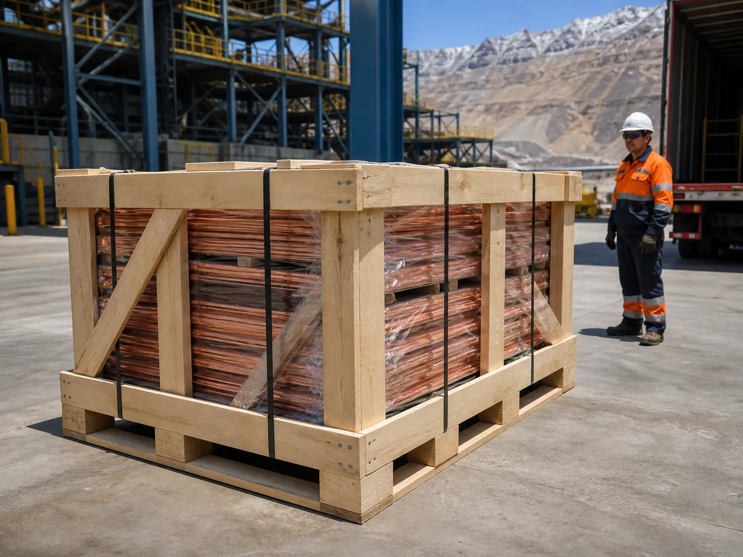 Embalaje de madera protegiendo carga de cobre para transporte minero